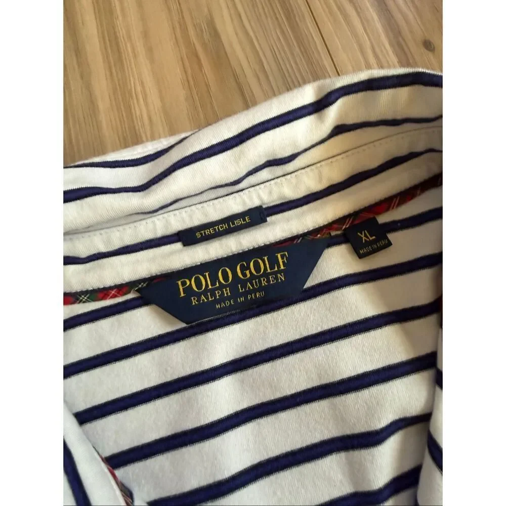Polo Golf Ralph Lauren Mens Blue White Striped Stretch Lisle Polo Shirt XL